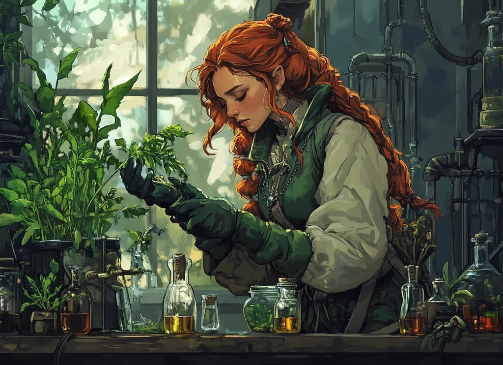 A young woman with long, red hair and green gloves is examining a plant in a laboratory setting. She is wearing a green and white outfit and has a serious expression on her face. There are multiple glass bottles filled with liquids and other plants on the table in front of her. The scene is bathed in warm, natural light filtering through a large window behind her.  The image suggests a focus on alchemy or herbalism.