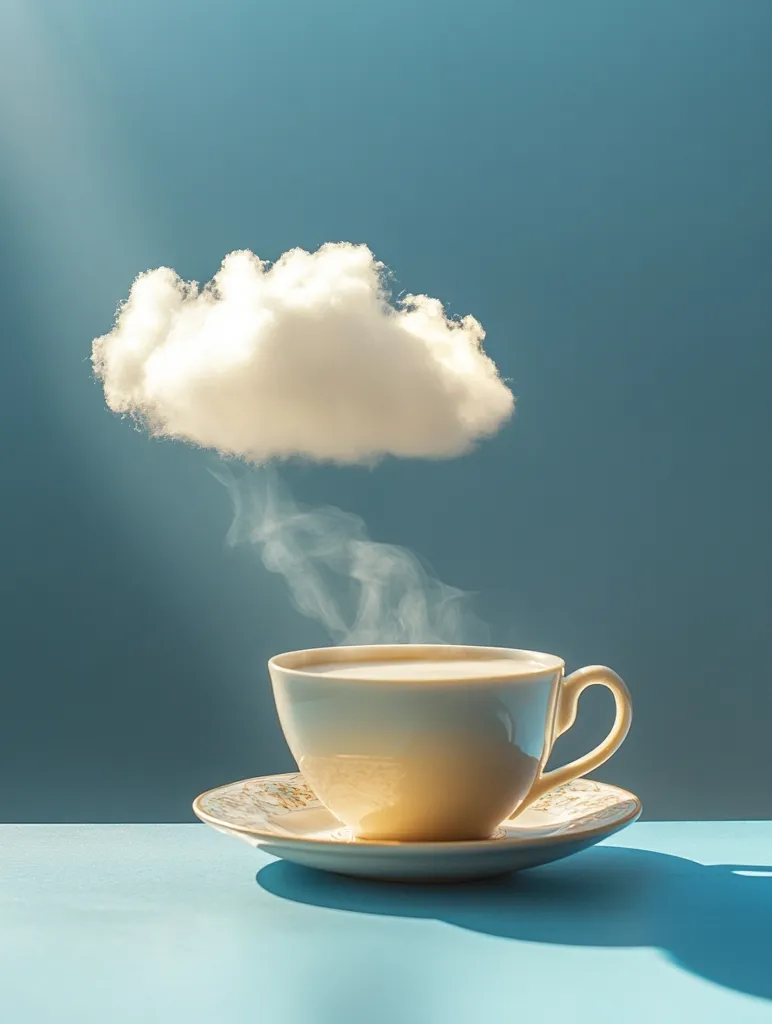 A white teacup sits on a saucer, with steam rising from the cup, forming a cloud-like shape against a blue background. The cup is positioned below the cloud, creating a surreal and whimsical scene. The soft light casts a gentle glow on the cup and saucer, enhancing the dreamy atmosphere.  The image evokes a sense of peace and tranquility, suggesting a moment of quiet relaxation.