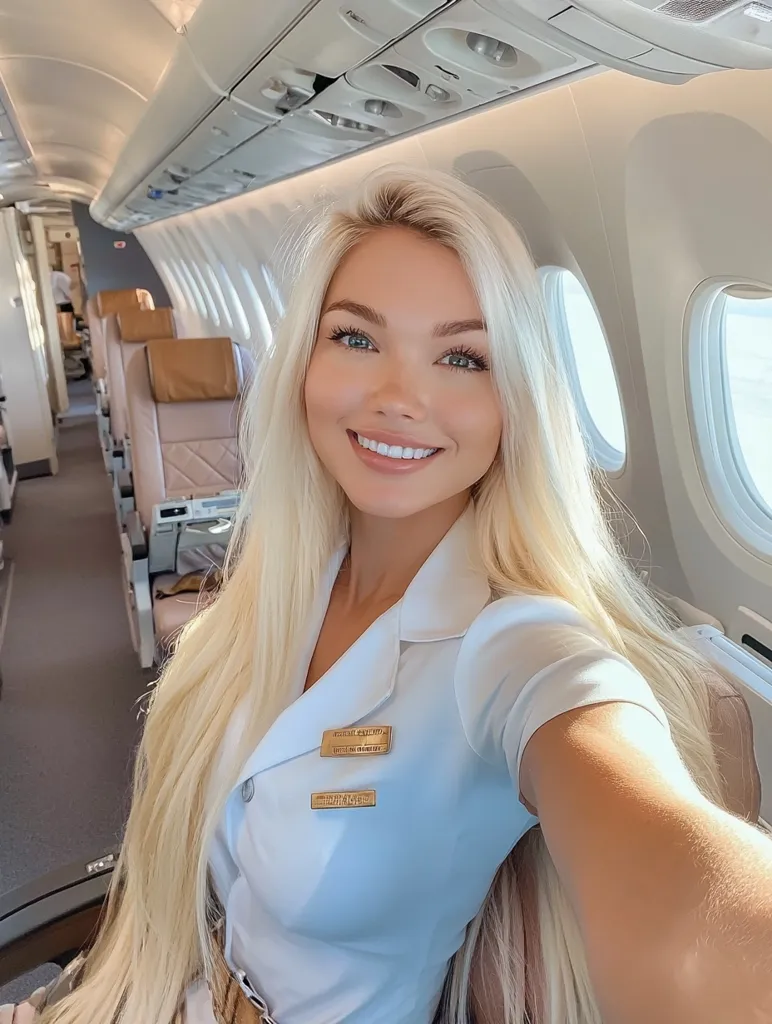 A young woman with long blonde hair is smiling at the camera while sitting in an airplane seat. She is wearing a white uniform with two gold badges. The interior of the airplane is visible in the background, with rows of seats and an overhead compartment. The woman appears to be a flight attendant, giving a friendly and welcoming impression.  The image is likely taken from a selfie.