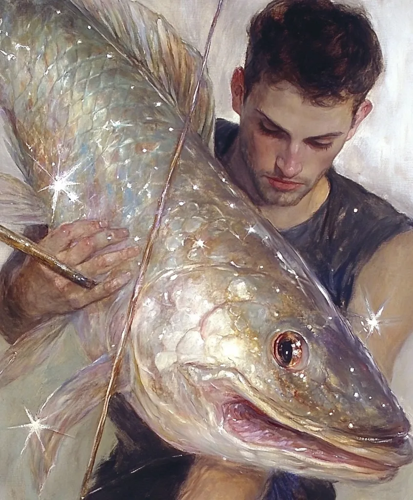 The painting depicts a young man holding a large fish, possibly a catfish or a carp, in his arms. The fish is facing the viewer with its mouth slightly open, revealing its sharp teeth. The man's expression is serious, his eyes looking down at the fish. The background is a simple white canvas, creating a stark contrast between the subject and the setting. The artist uses a realistic style, capturing the intricate details of the fish's scales and the man's features. Light gleams off the scales of the fish, making it appear almost ethereal. Overall, the painting evokes a sense of mystery and wonder, leaving the viewer to interpret the relationship between the man and the fish.