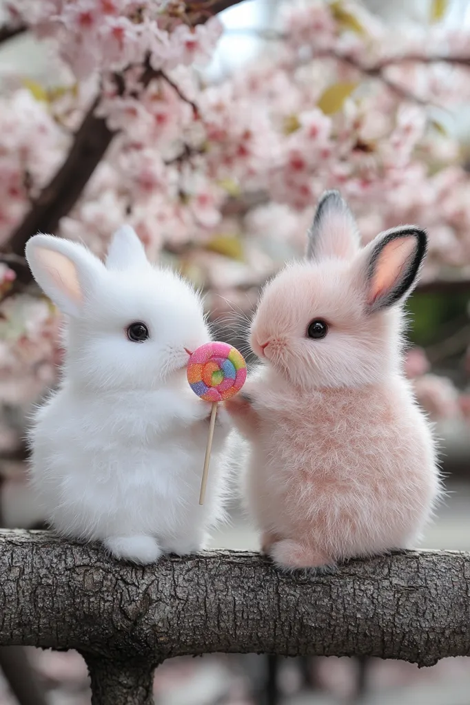 Two fluffy bunnies, one white and one pink, sit on a tree branch. The white bunny holds a colorful lollipop and the pink bunny looks at it with interest.  The image is soft and sweet with a backdrop of blurred pink blossoms.  The overall image is adorable and whimsical.