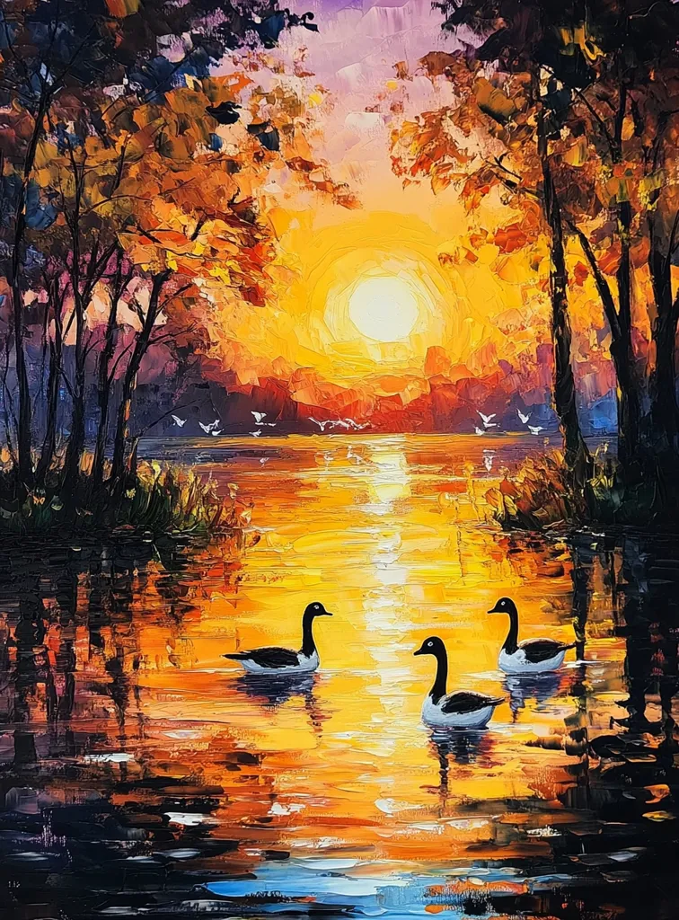 A vibrant oil painting captures a serene sunset scene. Three geese gracefully float on a calm lake, their reflections mirroring the golden glow of the setting sun. The sky is a blend of purple and orange hues, with trees lining the shoreline, their branches reaching towards the sky. The sun casts a warm light over the water, creating a sense of tranquility and peace.  The artist's use of bold colors and brushstrokes adds a touch of dynamism to the scene, making it a captivating piece of art.