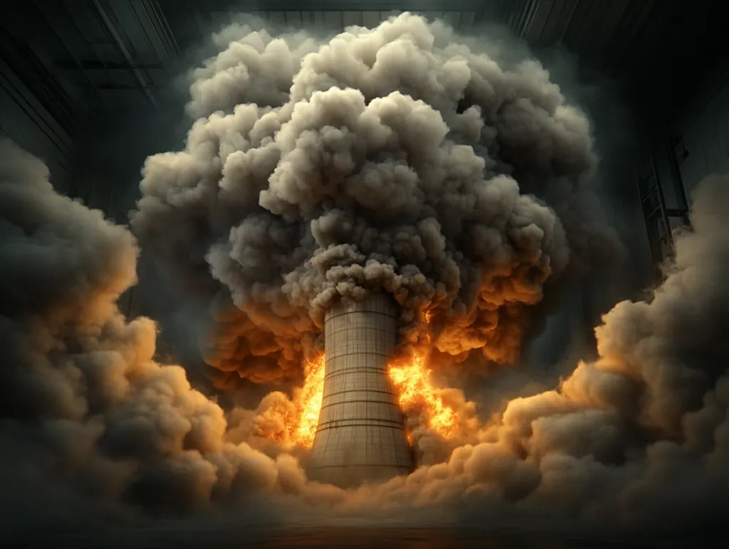 A large, dark, ominous cloud of smoke billows out from a cylindrical structure, engulfing the surrounding area. Flames and sparks dance within the smoke, creating a dangerous and fiery scene. The dark background adds to the sense of foreboding and destruction. The image suggests a catastrophic event, possibly an explosion or fire.