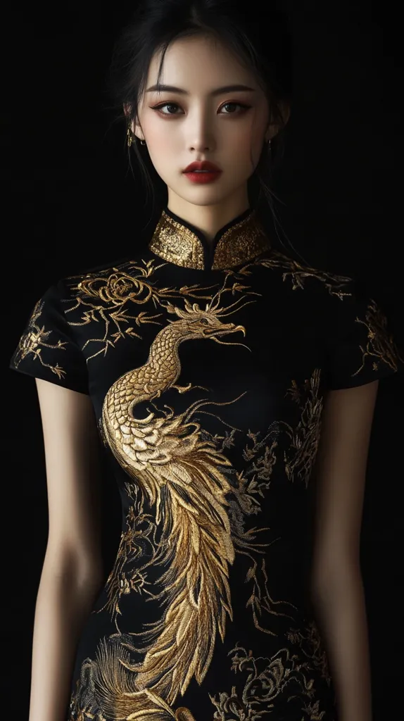 A young woman with dark hair and red lips is wearing a black dress adorned with intricate gold embroidery of a phoenix and floral patterns. She stands against a dark background, her gaze directed towards the camera with a subtle air of confidence and mystery. The dress's elegant design and the model's striking features create a striking visual contrast.