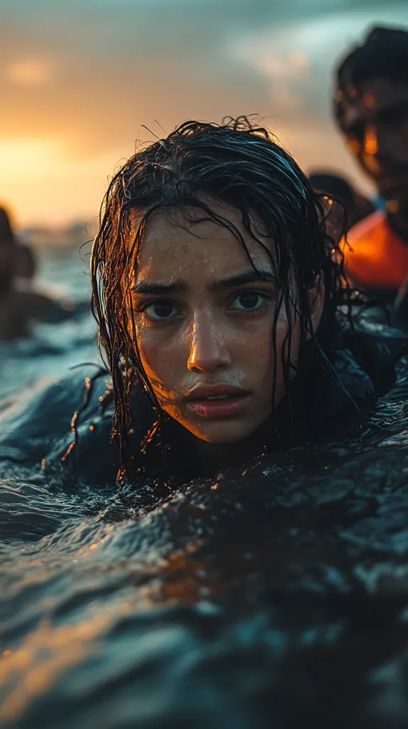 A young woman with wet hair and a serious expression stares intensely at the camera. The image is slightly out of focus, creating a sense of mystery and depth. The water surrounding her is dark and choppy, suggesting a turbulent environment. The golden light in the background hints at a sunset, adding to the dramatic feel of the scene. The woman's gaze and the atmosphere of the image create a sense of vulnerability and resilience.