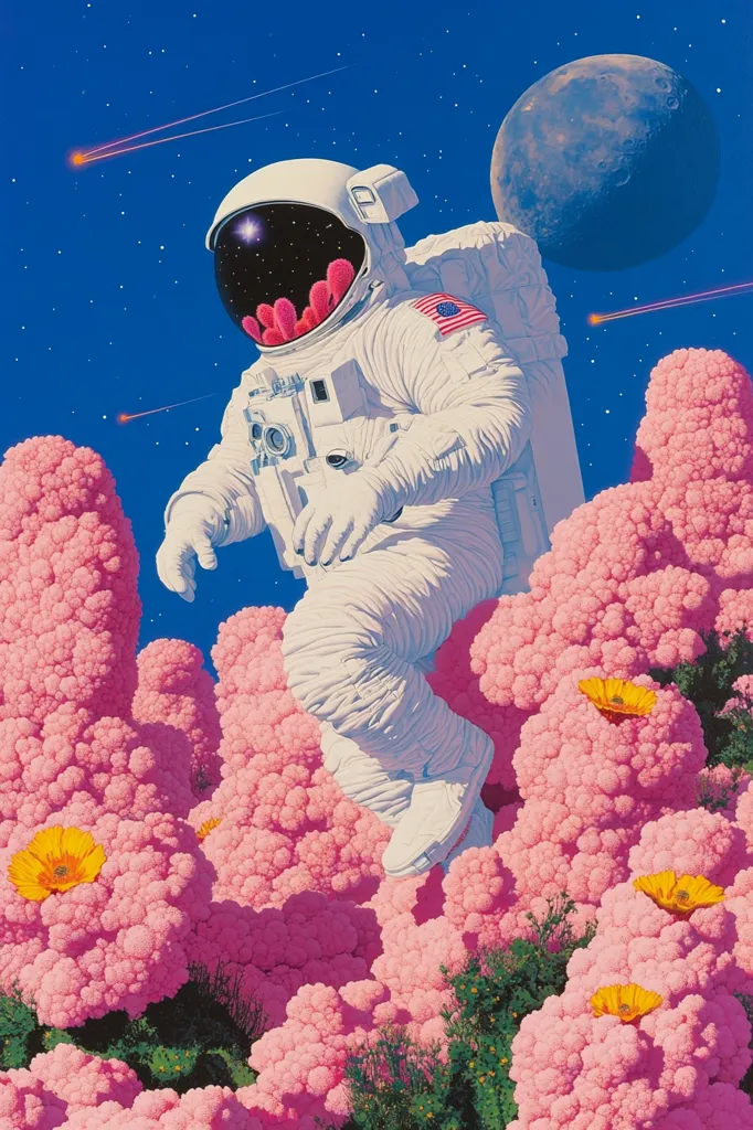 An astronaut in a white spacesuit with an American flag patch stands on a field of large, pink, cauliflower-like plants. The astronaut's visor reflects the starry sky and a distant moon. The background is a dark blue sky with shooting stars. The scene evokes a surreal and dreamlike atmosphere.