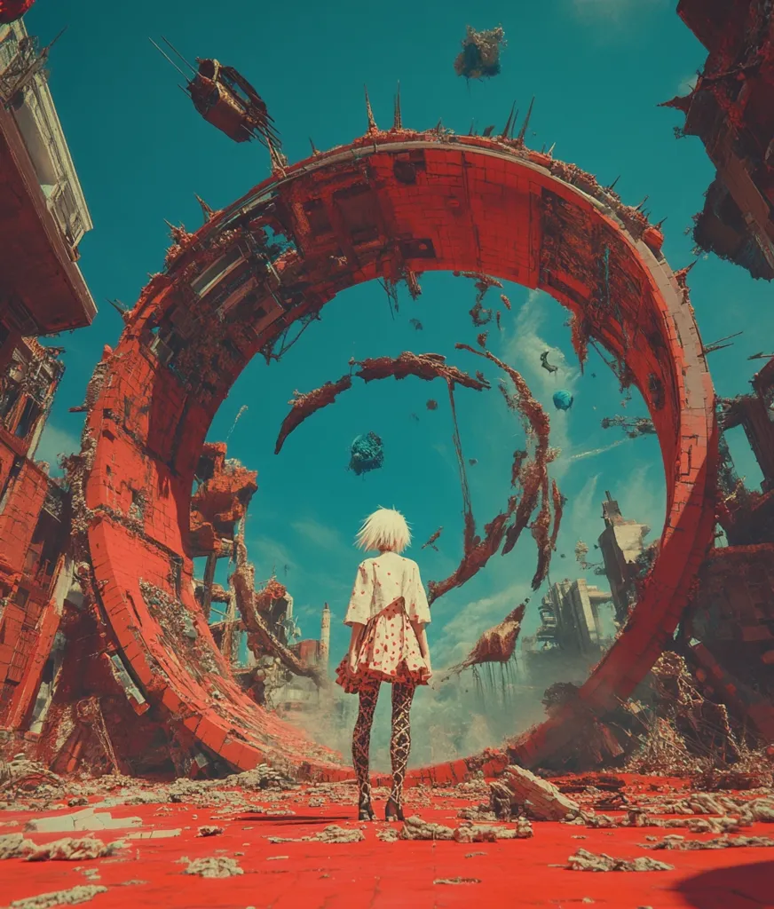 A woman in a pink and white dress stands in the ruins of a destroyed city. The sky is a vibrant blue, and a large, red, circular structure dominates the scene. The remains of buildings and other structures are scattered around the woman, creating a sense of desolation and loss. The scene is surreal and otherworldly, suggesting a futuristic or post-apocalyptic setting.  The woman's presence adds a touch of humanity to the scene, suggesting a sense of hope or resilience.