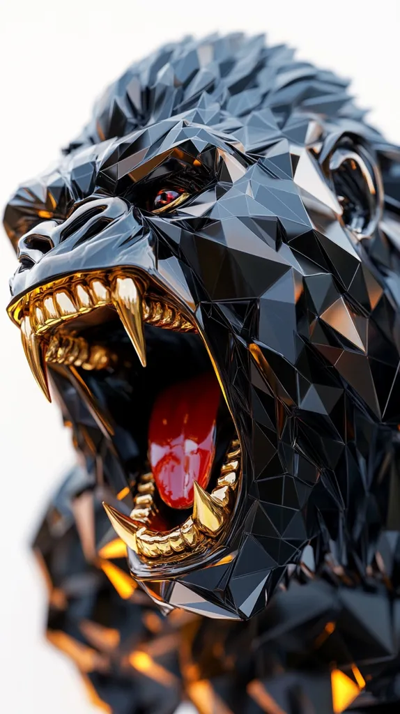 A close-up of a black, geometric gorilla sculpture with a ferocious, open mouth, revealing a row of sharp, gold teeth and a bright red tongue. The sculpture is made of triangular facets, creating a powerful and imposing image.  The background is a blurry gold, highlighting the contrast of the black and gold.