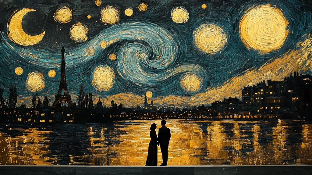 The image depicts a stylized, impressionistic cityscape inspired by Vincent van Gogh's "Starry Night". A couple stands silhouetted in the foreground, with the Eiffel Tower visible in the distance. The sky is awash in swirling blues and yellows, dotted with large, swirling stars. The overall effect is romantic and nostalgic, evoking a sense of wonder and awe.