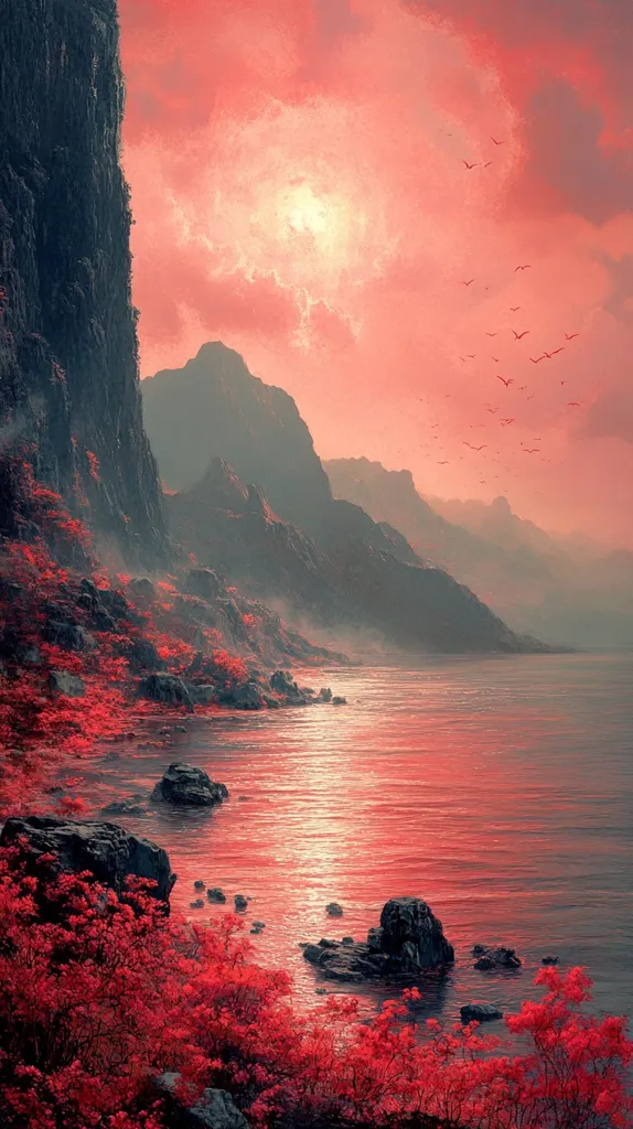 The image depicts a serene lakeside scene with a breathtaking sunset over the mountains. The sky is painted in vibrant hues of pink and orange, reflecting on the calm water below. Lush red foliage adorns the foreground, framing the majestic mountain peaks in the distance. A few birds soar through the sky, adding a touch of movement to the tranquil atmosphere. The overall composition evokes a sense of peace, tranquility, and the beauty of nature.