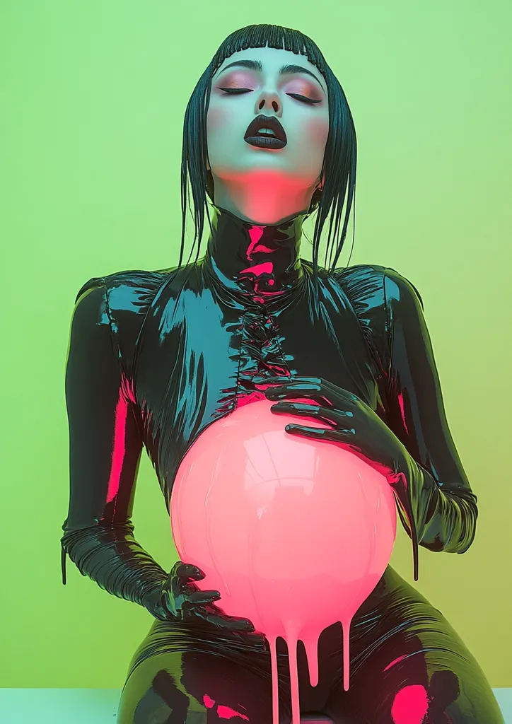 A woman with dark hair and a black latex outfit holds a glowing, pink orb in front of her. The orb is dripping with pink liquid. She is posed with her eyes closed and a serene expression. The background is a vibrant green.  The image creates a futuristic and ethereal atmosphere.