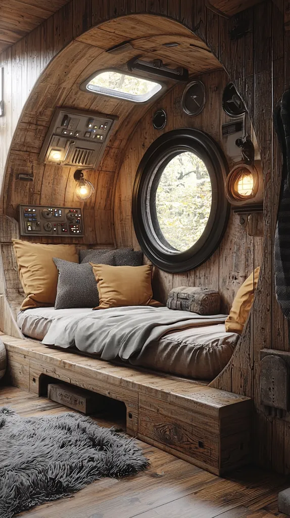 The image shows a cozy bedroom with a wooden bed frame, fluffy grey pillows and a grey blanket. The bed is positioned next to a round window with a view of the forest. The room is decorated with wooden planks and a grey fluffy rug. The room feels rustic and inviting with a warm atmosphere.