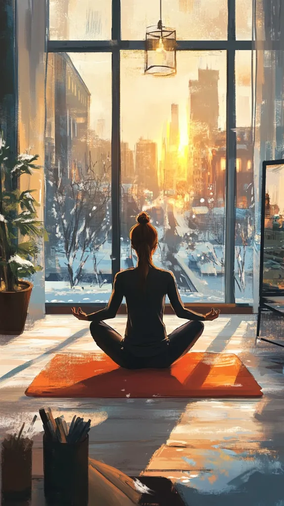 A woman sits in a lotus position on a yoga mat in front of a large window. The window overlooks a city street with a snow-covered sidewalk. The sun is setting behind the buildings, casting a warm glow over the scene. The woman's silhouette is dark against the bright light, and her pose suggests a sense of peace and serenity.