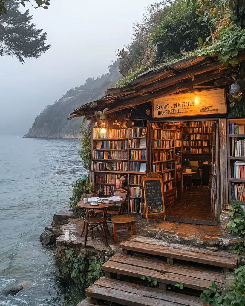 A charming bookstore nestled into the side of a cliff overlooking the sea. The shop is filled with bookshelves overflowing with books, and a small wooden table and chairs sit outside, perfect for enjoying a good read with the sound of the waves crashing against the shore. The fog in the distance adds to the atmosphere of tranquility and peace.