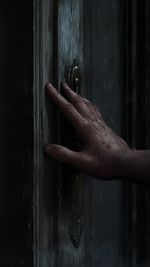 A bloody hand reaches towards a dark, old, wooden door with an ornate metal handle. The hand appears to be reaching for the handle, suggesting an attempt to open the door. The scene is dark and ominous, hinting at a sense of suspense or danger. The image is likely a still from a horror movie or video game.