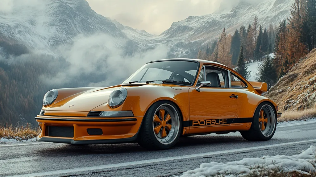 A classic orange Porsche 911 sports car is parked on a winding mountain road. The car is in pristine condition, with a sleek, low-slung design and distinctive curves. The background features snow-capped mountains and a dense forest, adding to the sense of adventure and scenic beauty. The image captures the allure of classic sports cars and the thrill of driving through breathtaking landscapes.