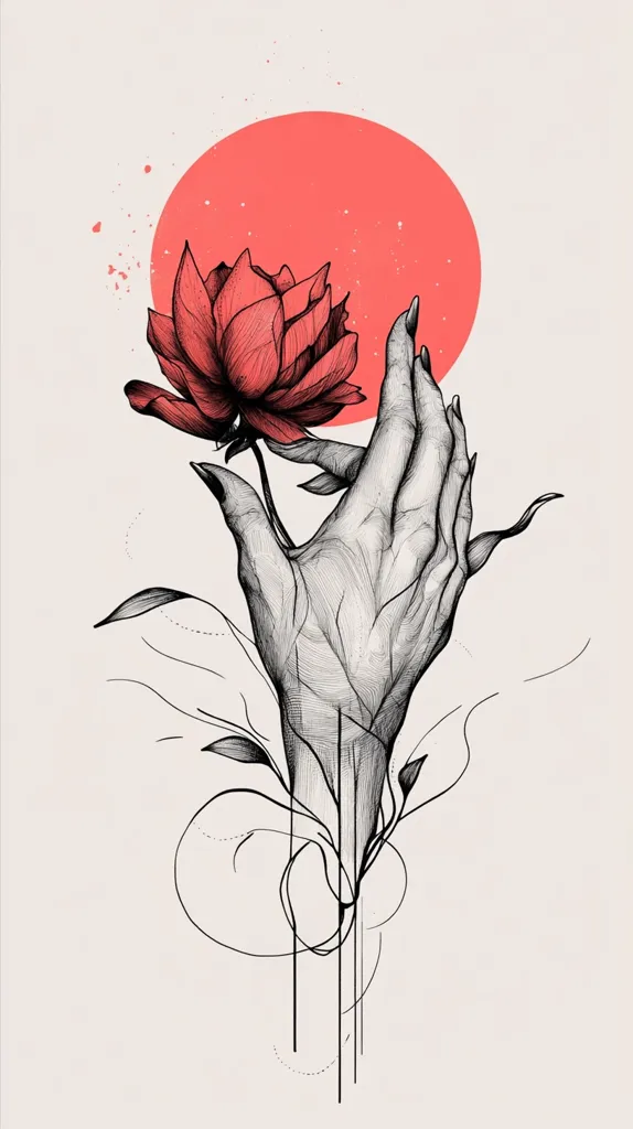 A hand delicately holds a red rose, its petals unfurling. The hand is rendered in intricate detail, with delicate lines and shading. Above the hand, a large, round, pink circle, like a rising sun, fills the upper portion of the composition. The image evokes a sense of delicate beauty and quiet contemplation. The black lines of the hand and the rose stand out against the pale background.  The simple yet elegant composition adds to the image's beauty.