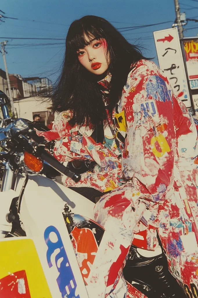 A young woman with long black hair and bold makeup sits astride a white motorcycle. She wears a brightly colored, paint-splattered jacket and pants. The background features a street scene with Japanese writing on signs and a blurred image of a building. The overall aesthetic is edgy and cool, with a strong sense of urban style.