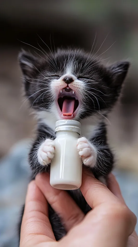 A black and white kitten with bright blue eyes is being bottle-fed by a human hand. The kitten is yawning with its mouth open, showing its sharp little teeth, and is holding the bottle with its paws. The kitten's fur is soft and fluffy, and its eyes are wide with curiosity. The photo captures the innocence and cuteness of a young kitten.