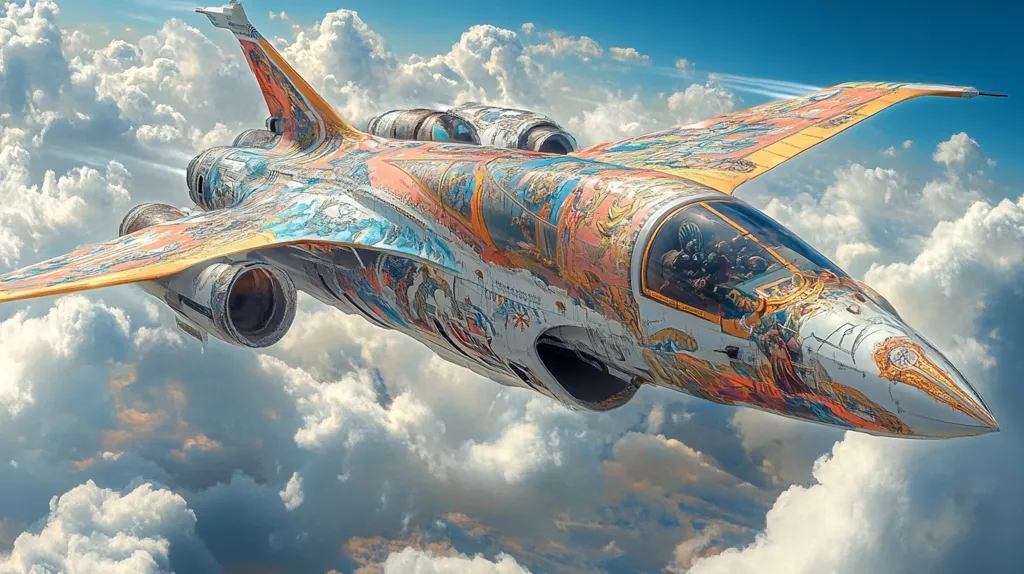 The image shows a futuristic fighter jet flying through a cloudy sky. The jet is brightly painted with intricate designs and patterns, resembling artwork or tapestries. The clouds are fluffy and white, suggesting a peaceful and serene atmosphere. The jet's sharp angles and powerful engines give it a sense of speed and agility. The overall image creates a visually striking and imaginative depiction of advanced technology in a picturesque setting.