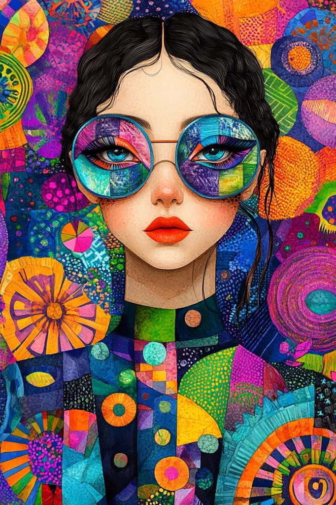 The image is a vibrant portrait of a woman with dark hair and blue eyes. She is wearing large, round sunglasses with a patchwork design. Her lips are painted a bold red and she is looking directly at the viewer. The background is a colorful abstract design of circles, swirls, and geometric shapes. The overall effect is one of bold color and whimsical style.