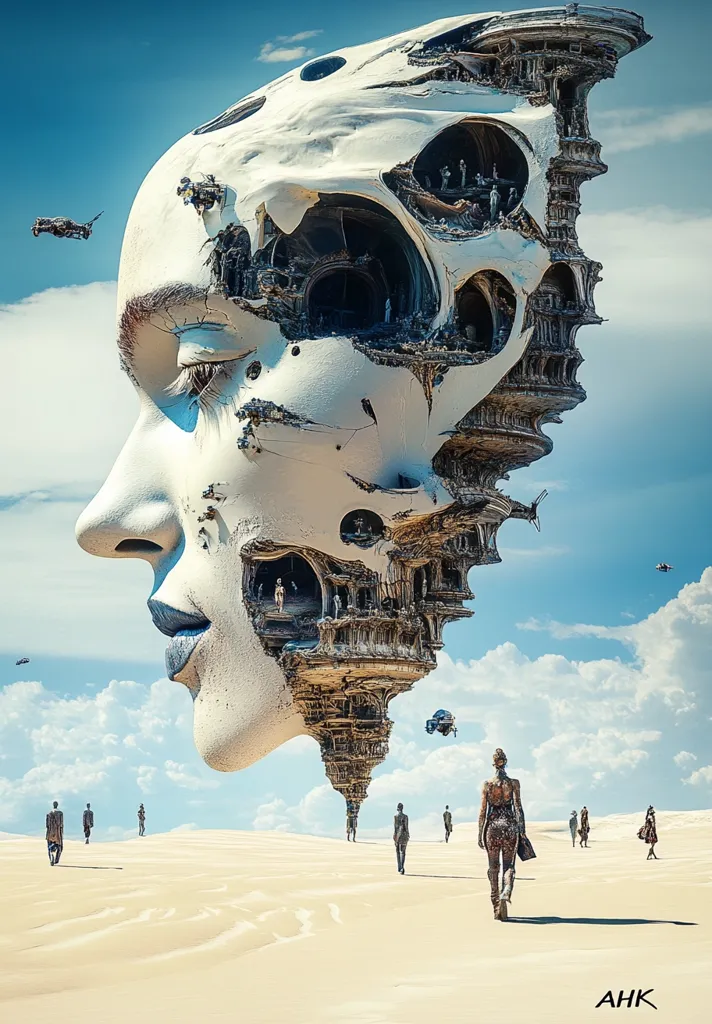 A giant, white, sculpted face with intricate, layered, architectural details floats above a vast, sandy desert. Small, humanoid figures walk along the sand below, while flying objects traverse the blue sky. The image evokes a sense of surrealism and wonder.  The overall effect is one of mystery and the unknown.  A signature, "AHK," appears in the lower right corner.