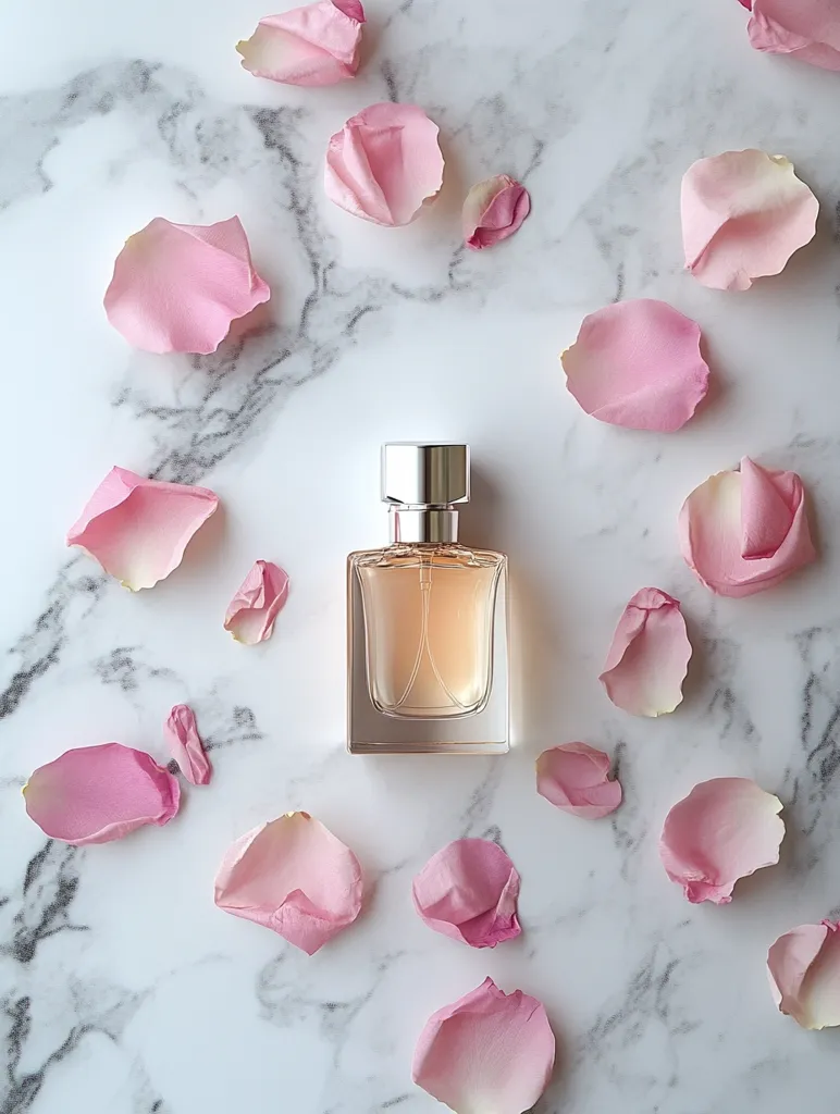 A bottle of perfume sits in the center of a marble surface, surrounded by delicate pink rose petals. The composition is simple and elegant, evoking a sense of femininity and fragrance. The light reflects off the bottle, highlighting its sleek design. The overall image is a visual representation of beauty and sophistication.