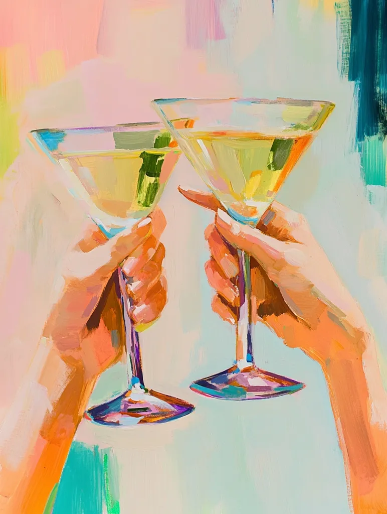 The painting depicts two hands holding up two glasses of champagne in a toast. The glasses are filled with a pale yellow liquid, and the hands are painted in a bright, expressive style. The background is a vibrant mix of colors, with a sense of movement and energy. The overall mood of the painting is celebratory and joyous.