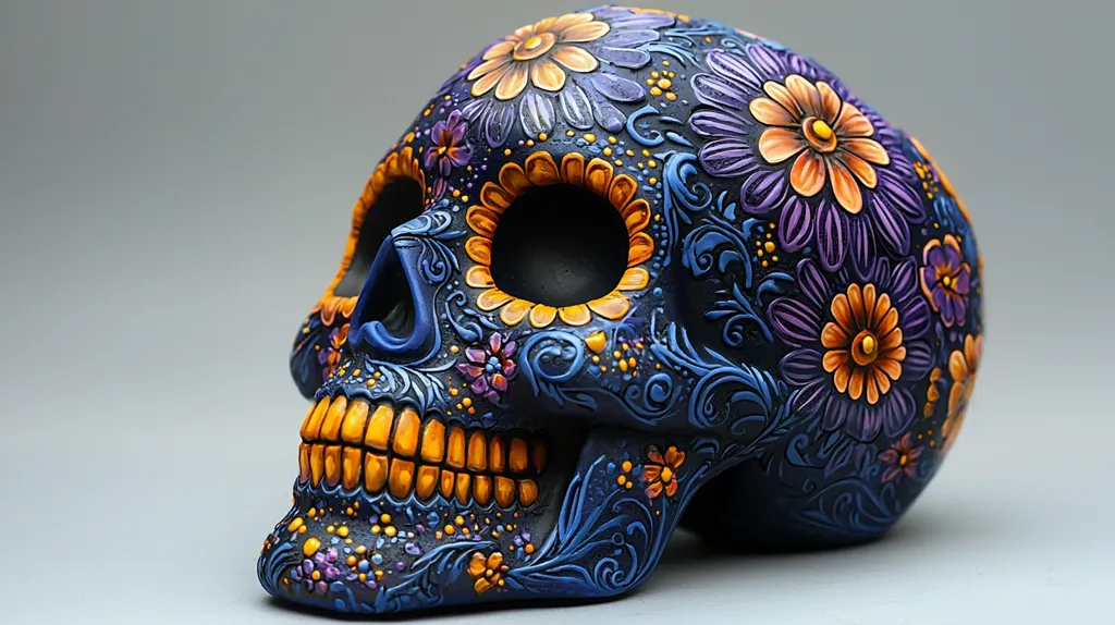 The image shows a detailed, intricately painted sugar skull. The skull is predominantly blue, with ornate floral designs in shades of orange, yellow, and purple. The skull's teeth are a bright orange, and its eyes are empty black circles. The skull is set against a plain gray background, creating a stark contrast and allowing the vibrant colors of the skull to stand out. The skull is a traditional Mexican symbol, and its decoration is reminiscent of Day of the Dead celebrations.