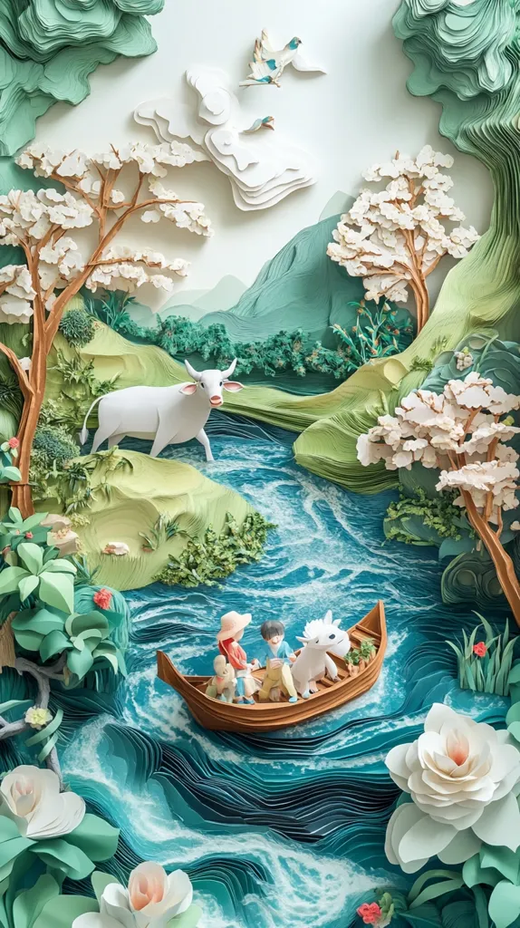 A papercraft scene depicts a river flowing through a landscape of trees, mountains, and a white cow. Two figures in a boat navigate the winding river. The scene is crafted from folded paper, creating a layered and textured effect. The colors are soft and muted, with shades of green, white, and blue dominating the composition.