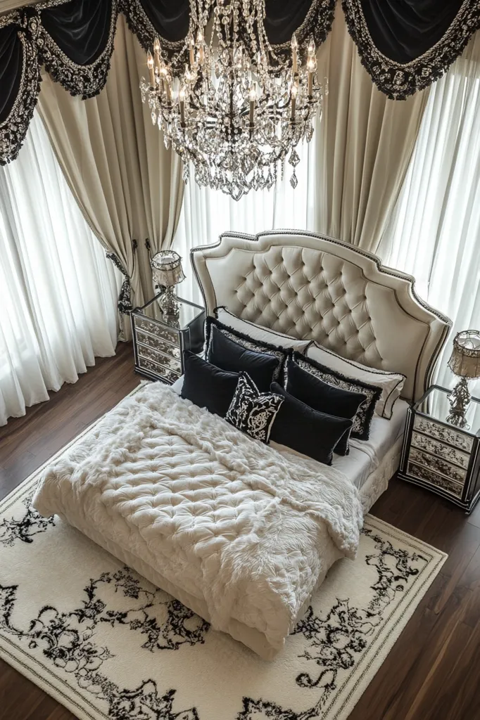 A luxurious bedroom with a large, tufted headboard bed, a fluffy white comforter, and several black and white patterned pillows. The room has large windows with sheer curtains and black trim. A large crystal chandelier hangs from the ceiling and a large, white rug with a black design covers the hardwood floor. There are two matching, mirrored nightstands with decorative lamps.