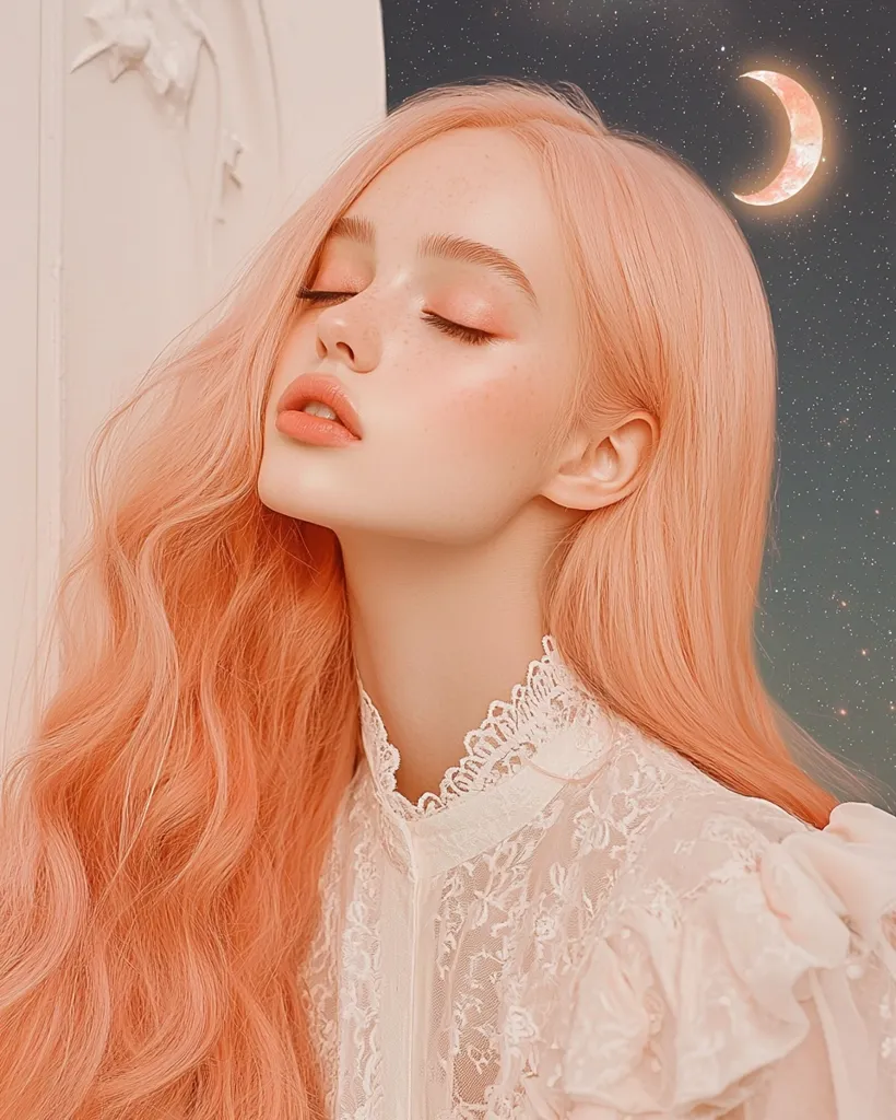 A young woman with long, flowing peach-colored hair is wearing a white lacy blouse. She has her eyes closed and a gentle smile on her face. The background is a soft, dreamy sky with a crescent moon and stars. Her skin is flawless and her makeup is subtle. She looks peaceful and ethereal.