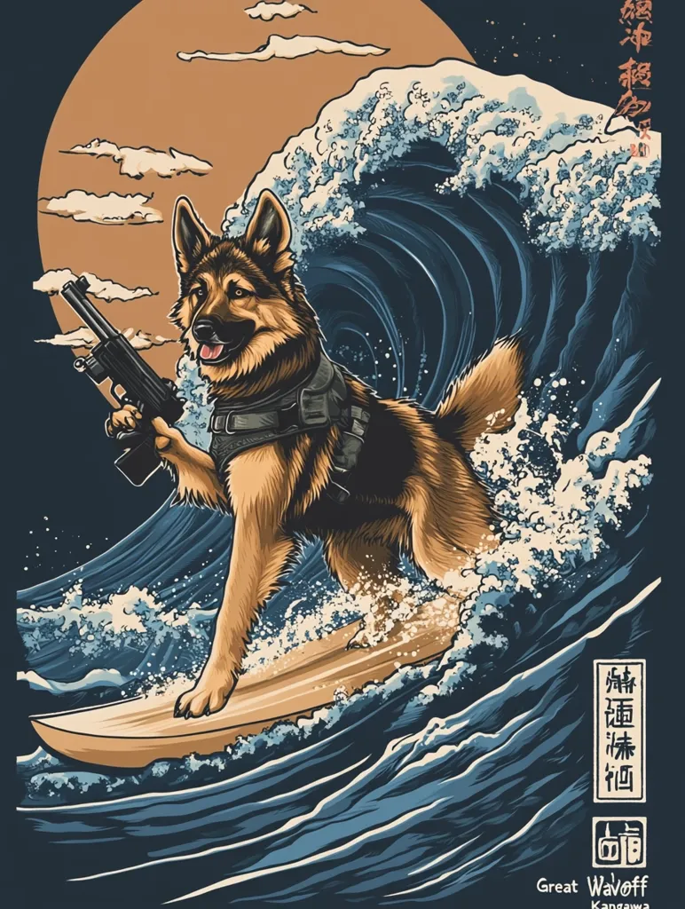 The image depicts a German Shepherd dog surfing on a wave in a Japanese style. The dog has a serious expression and is holding a gun in its mouth, suggesting a sense of action and danger. The wave is depicted in a classic Japanese woodblock print style, with swirling lines and splashes of water. The background is a simple orange and blue, creating a stark contrast to the dog and the wave. The image is a combination of Western and Eastern elements, creating a unique and eye-catching design.