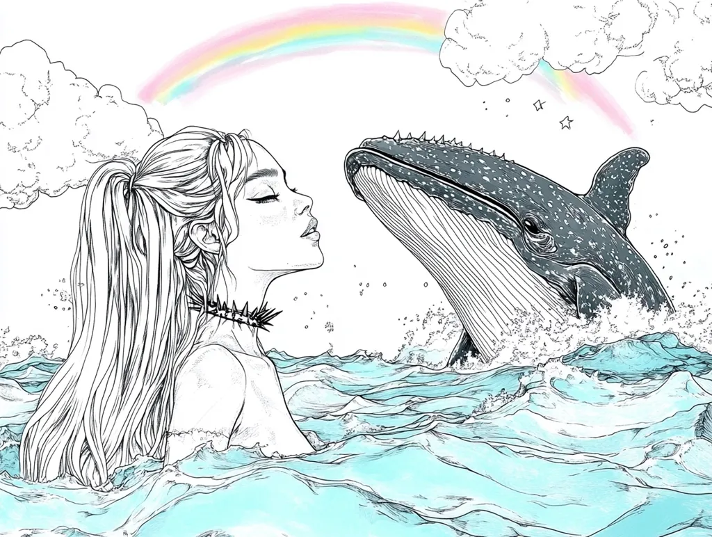 A young woman with long flowing hair swims in the ocean with a large whale. The whale is breaching above the water, its mouth open. There is a rainbow in the background.  The drawing is done in black and white with blue and turquoise accents. The scene is whimsical and magical.