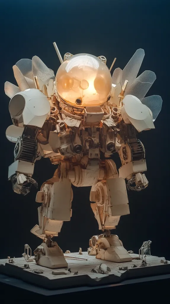 The image showcases a meticulously crafted robot figurine, constructed entirely from cardboard and paper. The figure stands tall, its intricate details highlighting the artist's skill. The robot's spherical head, adorned with a glowing light, adds an otherworldly touch to its design.  A backdrop of a dark blue sky emphasizes the robot's imposing presence, while a light base beneath it suggests a futuristic setting.