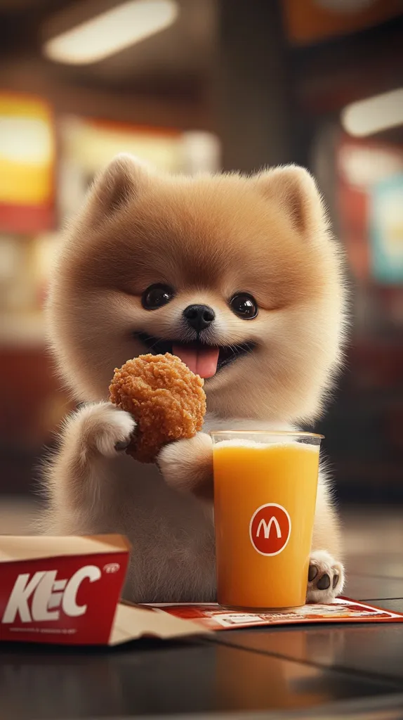 A fluffy Pomeranian dog is enjoying a meal at a fast-food restaurant. It is holding a crispy chicken nugget in its paws and has a glass of orange juice with a prominent "M" logo in front of it. The dog looks happy and content.  A red and white box with the word "KFC" on it is visible in the foreground.  The background is blurry, suggesting a typical fast-food setting.  The image captures a playful and humorous scene of a dog enjoying human food.