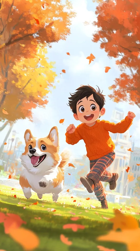 A young boy with a bright smile runs through a park with his corgi. The boy is wearing an orange sweater and plaid pants.  The dog is white and brown and has its tongue sticking out as it runs. The background is a park with trees and fallen leaves. The overall scene is joyful and carefree.