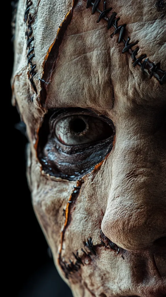 A close-up shot of a monstrous face with stitched-up skin, revealing a single, dark, and unsettling eye. The image is unsettling and creates a sense of horror and unease. The stitched skin appears rough and worn, suggesting a gruesome past. The dark eye stares intensely, adding to the overall feeling of dread.