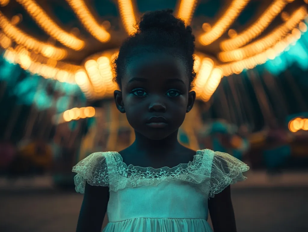A young Black girl in a white lace dress stands in front of a carousel with blurred lights. Her dark eyes look directly at the camera with a serious expression.  The background is out of focus, highlighting the girl's face and her elegant dress. The image evokes a sense of mystery and wonder.