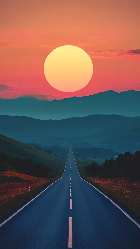 A long, straight road stretches into the distance, disappearing into a horizon framed by a large, yellow sun. The road is lined with lush green grass and a few trees, creating a sense of peaceful solitude. The sky is a vibrant, almost neon-like pink and orange, creating a sense of warmth and wonder.