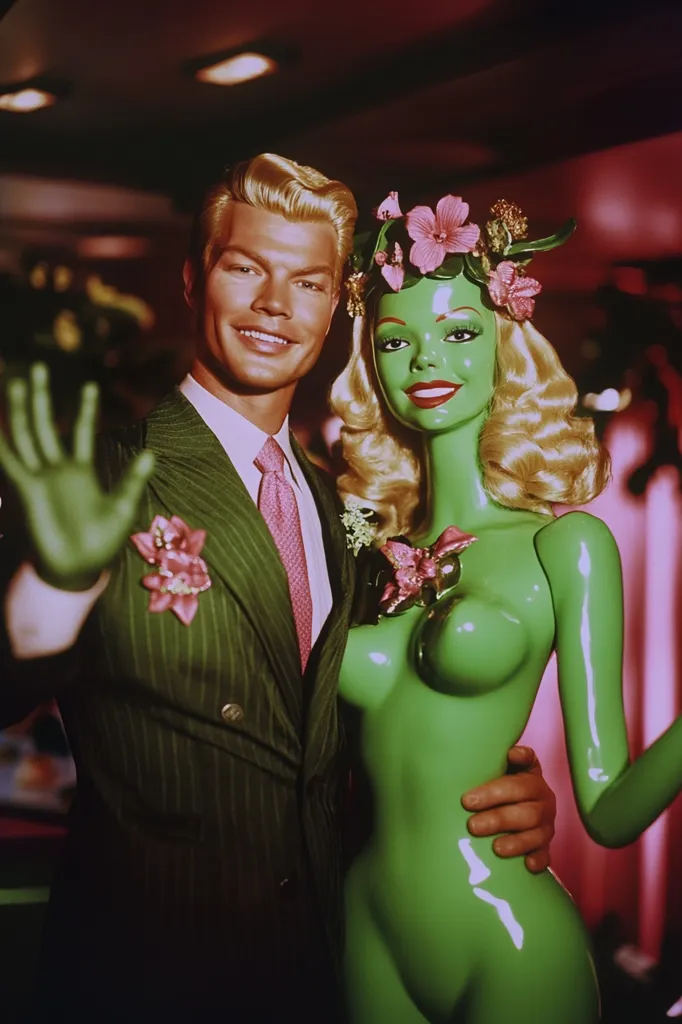 A man with blonde hair, wearing a green pinstripe suit and pink tie, smiles at the camera while holding the hand of a green female mannequin. The mannequin has large breasts and is dressed with pink flowers around her head and chest. The background is blurry, but appears to be a stage or a public space.  The image is suggestive and playful, likely part of a theatrical performance or a comedic skit.