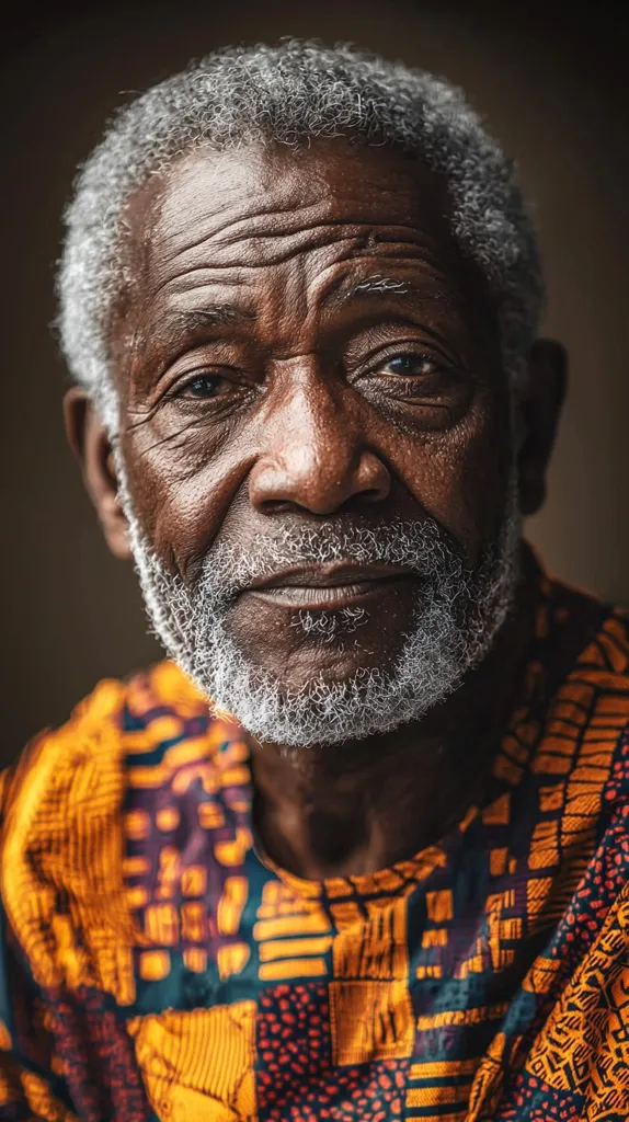 A close-up portrait of an elderly Black man with gray hair and a white beard. He is wearing a colorful African-print shirt. His face shows signs of age, but his eyes are bright and his expression is calm. The lighting is soft, and the background is blurred.  The image conveys a sense of wisdom, dignity, and resilience.