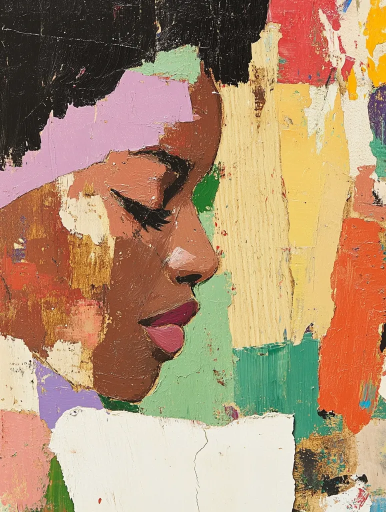 A close-up portrait of a Black woman with short black hair, wearing a pink headband. The image is painted in a colorful, abstract style with patches of green, yellow, orange, and white surrounding her face. The woman is looking down and to the right, with her mouth slightly open. The brushstrokes are visible and give the painting a textured look.  The focus is on her face and the use of color to create a sense of emotion.