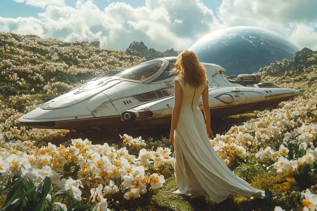 A woman in a white dress stands in a field of white flowers. A white spaceship sits nearby, partially obscured by the flowers. Behind her, a large blue and green planet hangs in the sky. The scene is surreal and dreamlike, with soft lighting and a gentle atmosphere.