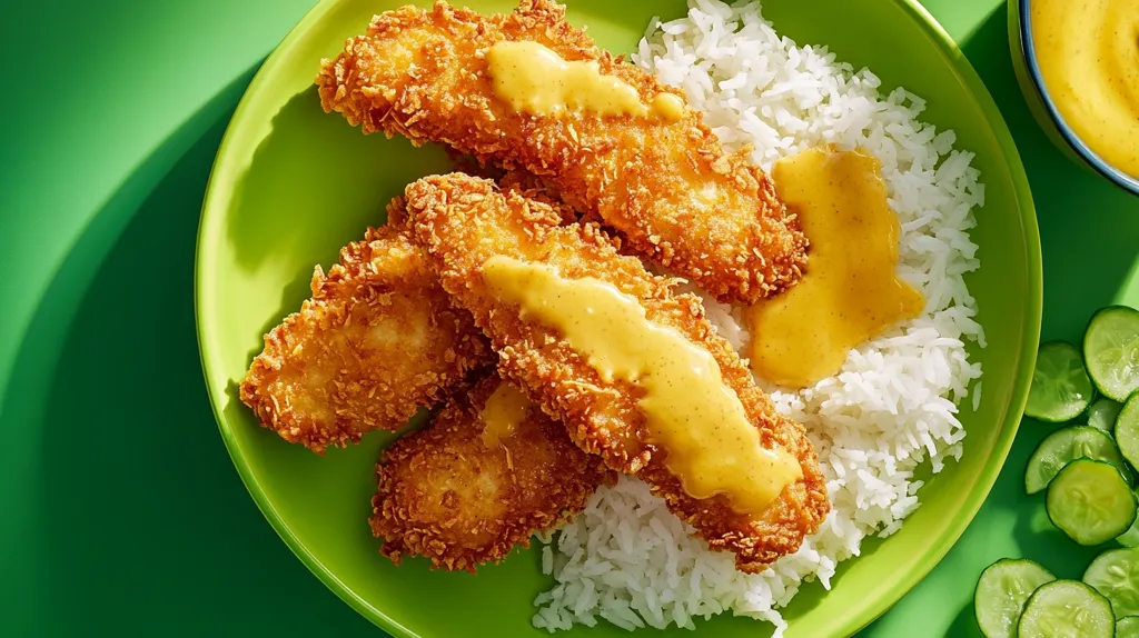A plate of crispy chicken tenders sits on a bed of fluffy white rice.  A generous drizzle of yellow sauce coats the tenders.  The plate is green, and a few cucumber slices are scattered around the edge.  There is a small bowl of sauce in the background.  The food looks delicious and ready to be enjoyed.