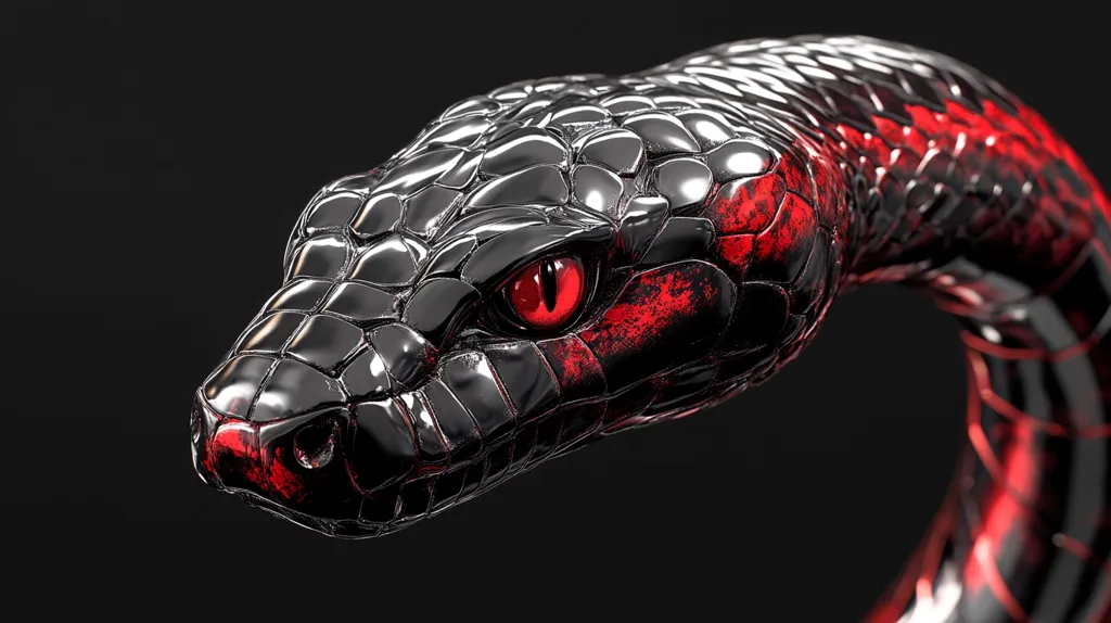 A close-up of a snake's head, rendered in a digital 3D style. The snake has a black, metallic, scaly body with red accents. Its bright red eye stares intensely at the viewer, giving the impression of danger and aggression. The background is a simple black, making the snake stand out in sharp contrast. The image is likely intended to be a symbolic representation of power, danger, or cunning.