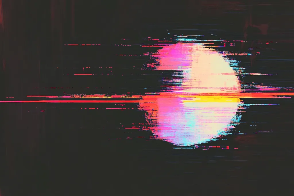 The image depicts a distorted, digital rendering of a bright, circular object.  The object appears to be a sun or moon, but it is obscured by a vibrant, glitching pattern of horizontal lines and pixels.  The colors are predominantly pink, blue, and yellow, and the background is a dark, almost black, color.  The image has a retro, pixelated aesthetic that evokes feelings of nostalgia and technological malfunction.