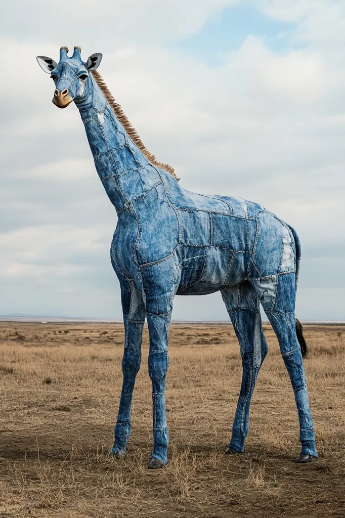 A giraffe sculpture, crafted entirely from denim fabric, stands majestically in a dry, grassy field. The patchwork of blue jeans covers its entire body, creating a unique and eye-catching spectacle against the backdrop of a clear sky. The sculpture's intricate details and realistic form are impressive, highlighting the artist's talent and creativity. The giraffe's long neck and legs are gracefully posed, conveying a sense of both strength and elegance. The denim material adds a touch of whimsy and modernity, transforming the familiar image of a giraffe into an unexpected and captivating piece of art.