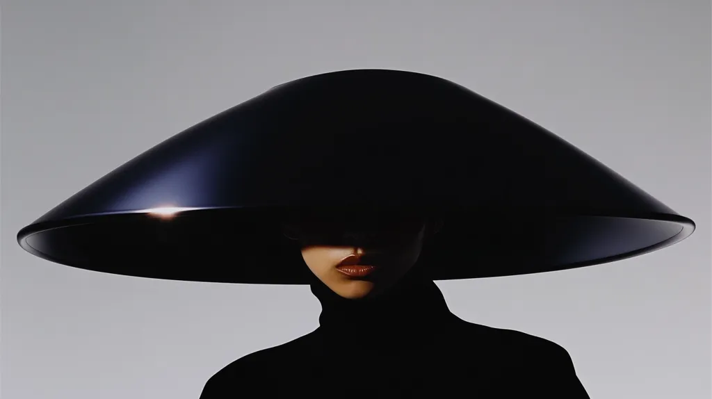 A woman wearing a large, black, conical hat that obscures her face except for her lips. The hat casts a shadow over her face, creating a mysterious and alluring effect. She is dressed in a black turtleneck, further emphasizing the stark contrast between her and the background. The simple, minimalist composition creates a sense of intrigue and leaves the viewer wondering about the woman's identity and story.