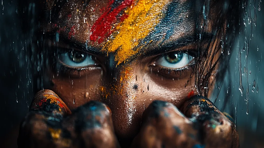 The image is a close-up portrait of a person with their face covered in paint. The person is looking intensely at the viewer, their eyes wide and focused.  Their skin is wet and glistening, with streaks of brightly colored paint running down their face. The person's hands, also covered in paint, are clenched together in front of their face. The background is blurred, and the image has a dramatic, almost artistic feel. The person appears strong and resilient, even in the midst of chaos.